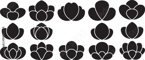 Modern black lotus flower icons set