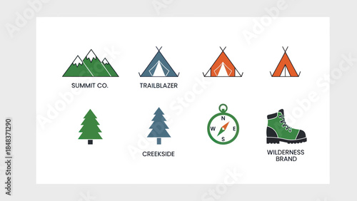 Camping Icons Set with Mountains and Trees.