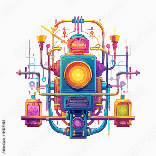 Colorful, intricate machine illustration with pipes, dials, and a central glowing element.