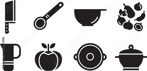 Black icons of kitchen utensils and food