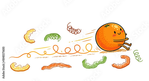 Cartoon Orange Character Running with Peelings in its Wake.