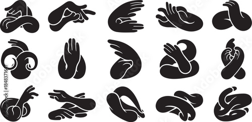 Collection of expressive hand gestures in black silhouette