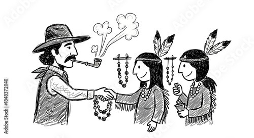Western Man Trading with Native Americans Illustration.