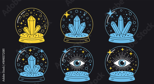 Mystical set of magic crystal balls with glowing crystals and an all-seeing eye, illustrated in a vibrant flat style on a dark background.