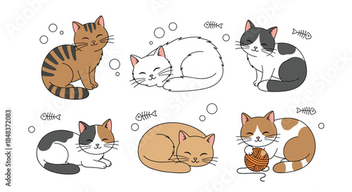 Adorable collection of colorful cartoon cats and kittens in various playful and sleeping poses, isolated on a white background with bubbles.