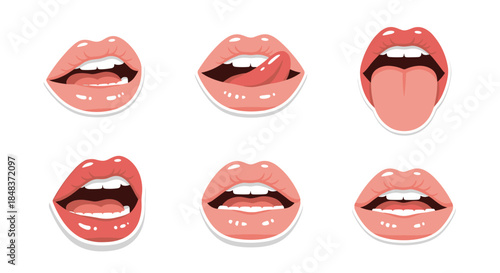 Set of glossy cartoon female lips and mouths showing various expressions like smiling, licking, and sticking out the tongue as stickers.