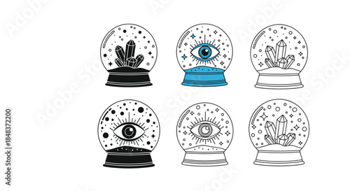 Collection of magical crystal balls with crystals and an all-seeing eye in various line art and silhouette styles for esoteric designs.