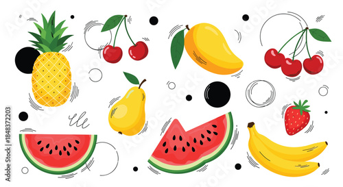 Bright and juicy collection of summer fruits with abstract decorative elements, featuring watermelon, pineapple, and strawberries in a fun style.