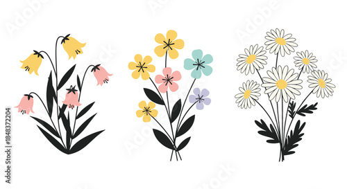 Set of three beautiful bouquets of colorful wildflowers, featuring daisies and bellflowers, illustrated in a charming flat design style.