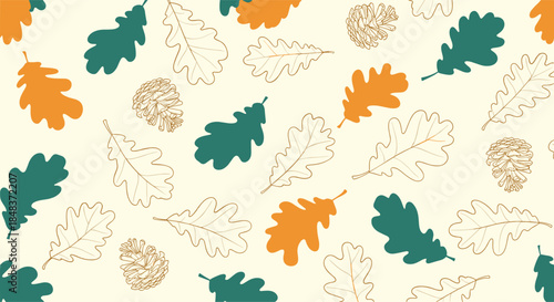 Seamless autumn pattern with colorful oak leaves and hand-drawn pinecones on a light beige background, perfect for seasonal designs.