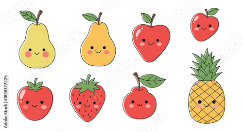 Adorable set of cute kawaii fruit characters with smiling faces, including pear, apple, strawberry, and pineapple for children's designs.