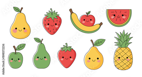 Large collection of adorable kawaii fruit stickers with happy smiling faces, featuring pear, strawberry, banana, apple, and pineapple.
