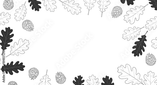 Monochrome frame or border made from hand-drawn oak leaves and pinecones, creating a natural and rustic design with central copy space.