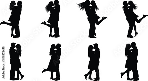Couple kissing and hugging romantic silhouettes vector illustration set, love, relationship, passion, togetherness, date, romance, black and white minimal graphic design elements.