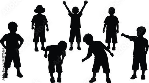 Kids silhouette vector illustration set, children standing and playing poses, happy childhood activity outlines for education, family design, school projects