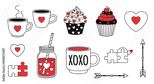 A cute collection of Valentine's Day doodles, including coffee mugs, cupcakes, hearts, and puzzle pieces in a simple red, black, and white.