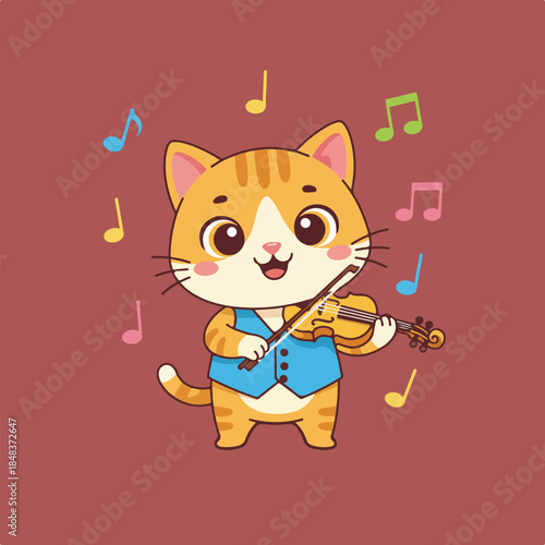 A cheerful cartoon ginger cat wearing a blue vest happily plays a violin as colorful musical notes float around it on a solid background.