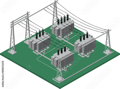 3D isometric illustration of electrical substation, power transformers, transmission lines, energy infrastructure, electricity distribution, industrial technology, utility system