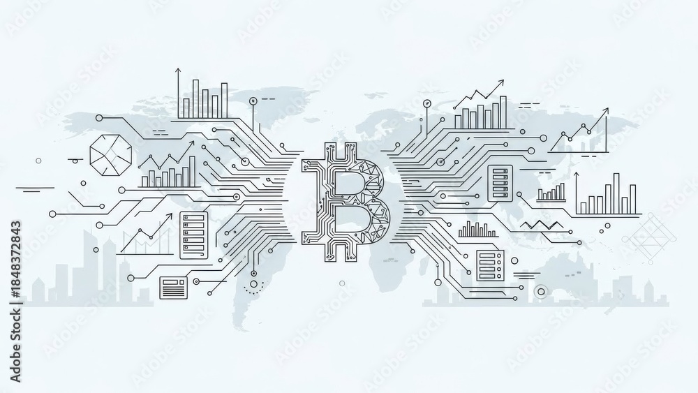 Fototapeta premium Complex global cryptocurrency network visualized with interconnected digital data circuits and