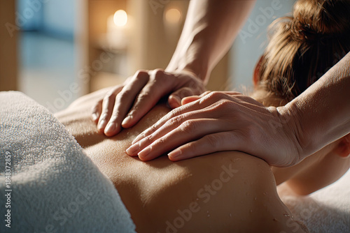 Wallpaper Mural A serene scene of a massage therapy session, showcasing hands applying soothing pressure on a person's back in a tranquil environment. Torontodigital.ca