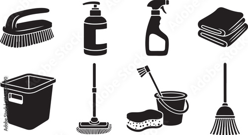 Cleaning tools and supplies in black and white