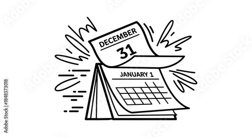 Calendar showing December 31 turning to January 1 for New Year celebration.