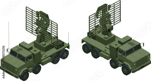 3D isometric illustration of military radar trucks, mobile surveillance vehicles, army defense technology, tactical equipment, armored transport, modern warfare systems