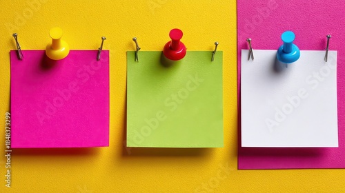 Colorful Sticky Notes Pinned on Textured Yellow and Pink Background Announcement Concept Blank Paper Message Board Bulletin Board