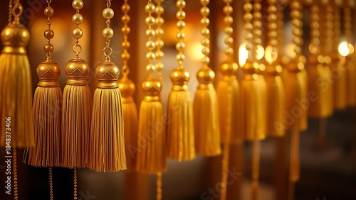 finery. Golden tassels and pearl necklaces forming an intricate decorative pattern with soft lighting. lifestyle magazines.