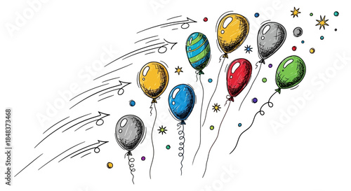 Colorful balloons floating upwards in a whimsical illustration with arrows.