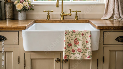 Farmhouse kitchen design cottage sink vintage apron floral towel fragrant bouquet brass faucet