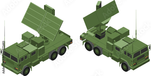 3D isometric illustration of military radar trucks, mobile surveillance vehicles, army defense technology, tactical equipment, armored transport, modern warfare systems