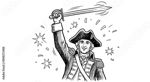 Konstfotografi Man in Revolutionary War Uniform Holding Sword Aloft.