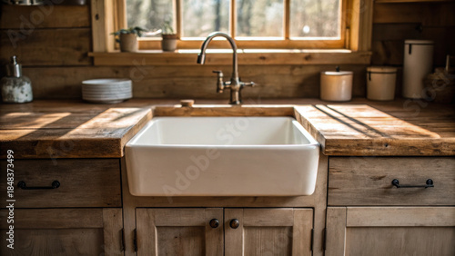 Farmhouse kitchen design cottage sink warm rustic wood counter farmhouse kitchen design cottage sink with sunlight and cozy
