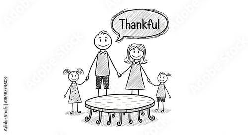 Stick figure family expressing thankfulness around a table.