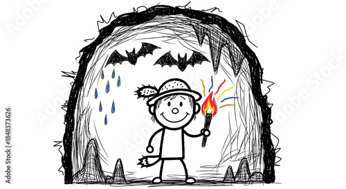 Cartoon child explorer holding a torch in a cave.
