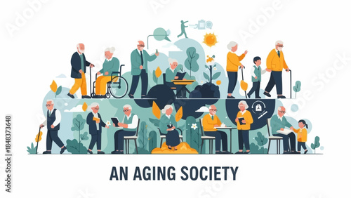 Diverse group of elderly people engaged in various activities representing an aging society.
