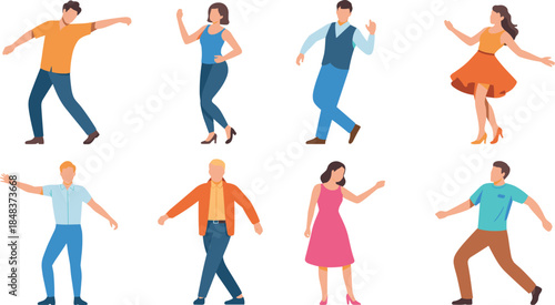 Flat vector illustration of diverse people dancing, modern characters celebrating music, movement, lifestyle, fun, party, energy, joy, and social activity
