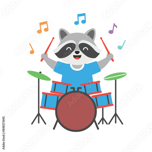 A cheerful cartoon raccoon wearing a blue shirt plays a drum set with colorful music notes floating above, illustrating a fun musical moment.
