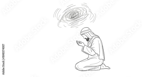 Man in Prayer with Overthinking Cloud Above.