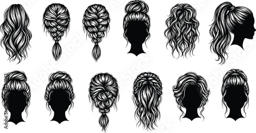 Woman yoga and sitting pose silhouette vector illustration set, female body relaxation exercises, fitness meditation outlines for wellness, lifestyle design