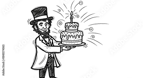 Abraham Lincoln holding birthday cake, celebrating special occasion with joy.