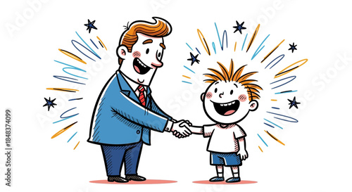 Happy Man and Boy Shaking Hands with Sparkles of Joy and Agreement.