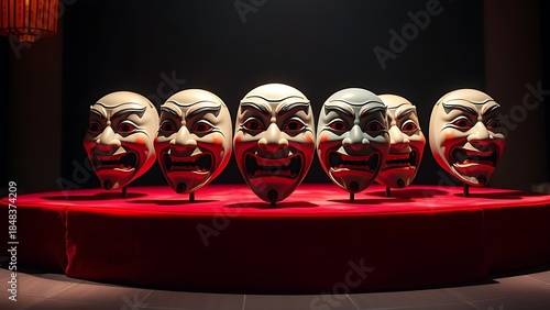 kabuki. A red velvet display of kabuki masks with dramatic expressions and lighting. event programs, museum guides, designed for cultural heritage projects and event programs.