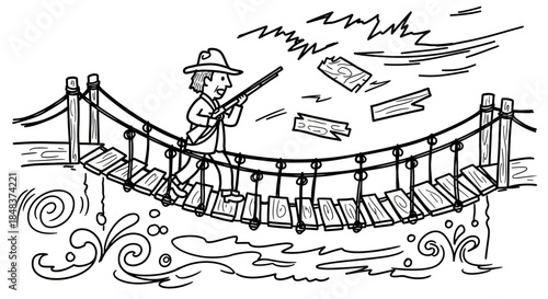 Man with rifle crossing a broken rope bridge over water.