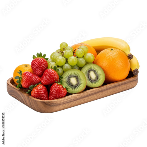 Wooden Tray with Assorted Fresh Fruits Including Grapes, Strawberries, Kiwi, Bananas, and Citrus Isolated on White Background