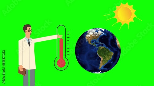 Climate change explainer animation showing a scientist speaking while the Earth rotates in the background. A thermometer rises and the sun emits strong rays toward the planet, symbolizing increasing g