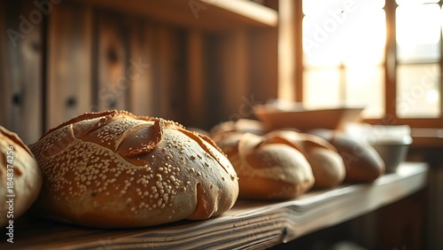 emmer. A rustic wooden shelf holding whole grain emmer bread in soft morning light. menu design, packaging mockups, designed for culinary blogs and recipe cards for restaurants.