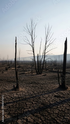 Leafless trees in barren field under overcast sky creating stark, moody atmosphere representing winter, solitude, environmental themes, or bleakness