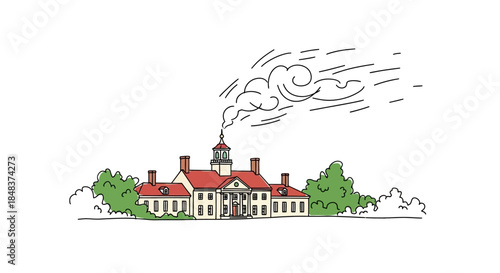 Elegant architectural illustration of a historic building with smoke rising from the chimney.